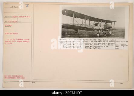 Factual Caption: 'This photograph, taken on July 29, 1918, shows an F.E. 2B (Farman Experimental 23) night bomber, a British aircraft used during World War One. It features an open fuselage and has a wing spread of 47 ft. 9 in. The motor is a Beardmore 160 HP, allowing for an endurance of 3 hrs. 30 min. The plane can climb to 6,500 ft. in 18 min. 54 sec. and has a ceiling of 11,000 ft. It is equipped with one gun and can carry up to 330 lbs. of bombs.' Stock Photo