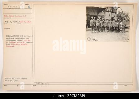 Cpl. Allan Hanson, S.C., a member of the 121st Machine Gun Battalion, is seen here in the sanitary detachment and infirmary. The photograph was taken on June 2, 1918, in Altenach, Alsace, Germany, and was received and issued on August 1, 1918. The commanding officer of the unit was Lieut. Irving E. Schiek, M.C.N.G. The image was approved by the A.E.F. censor on July 23, 1918. The photo is assigned the reference number Cp24001 and falls under Subject 159521. Stock Photo