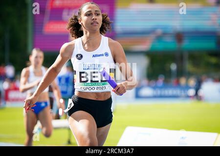 Espoo, Finland. 15th July, 2023. Belgian Delphine Nkansa pictured in action during the women's 4x100m relay, at the third day of the European Athletics U23 Championships, Tuesday 11 July 2023 in Espoo, Finland. The European championships take place from 13 to 17 July. BELGA PHOTO COEN SCHILDERMAN Credit: Belga News Agency/Alamy Live News Stock Photo