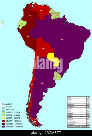 South America map with countries classified by area Stock Photo