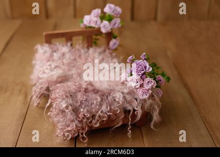 Newborn Digital Background Spring rose Basket Prop for Newborn. For boys and girls. Wood back. shoot set up with prop bed and wood backdrop Stock Photo