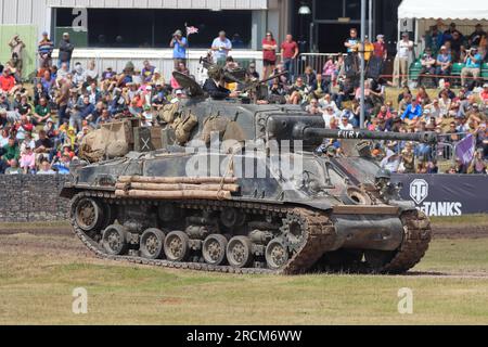 Sherman M4 tank as used in the film Fury parading in the Tankfest main arena display at Bovington Tank Museum Stock Photo