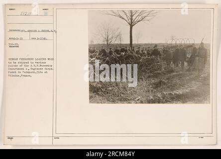 German prisoners of war can be seen in this photograph loading wood that is being shipped to various points of the A.E.F. Forestry Department of the Engineer Corps. The image was taken in Foret de Paimpont, Ille et Vilaine, France on January 16, 1919. The photograph was captured by Cpl. Arthur O. Smith. Stock Photo