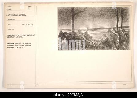 A machine gun outfit advances near Esnes during an artillery attack in World War One. This image, taken by photographer Capt. Wallace Morgan, is numbered 57068 and was part of a series of drawings by official American Military Artists. The description of the image was marked with the symbol 'E' and it was issued on September 26, 1918. Stock Photo