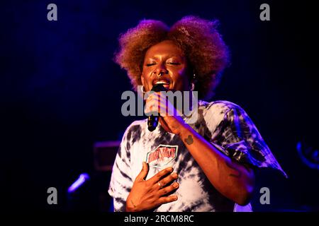 Berlin, Germany. 15th July, 2023. Brazilian artist Liniker performs on stage with her band Liniker e os Caramelows during the Psicotropicos Festival 2023 at Festsaal Kreuzberg in Berlin, Germany on July 15, 2023. (Photo by Emmanuele Contini/NurPhoto) Credit: NurPhoto SRL/Alamy Live News Stock Photo