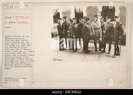 GROUP OF OFFICERS AT TOURS France, in this photograph from the Photographs of American Military Activities during World War One collection. Pictured from left to right are: Brig. Gen. Edgar Russell, Brig. Gen. J.S. Winn, Brig. Gen. R.D. Walsh, Major Gen. M.M. Patrick, Brig. Gen. Chas. P. Wheeler, Brig. Gen. J. Hagood, Pillenneau (French), Brig. Gen. J.R. Kean, Major Gen. F.J. Kernan, and Brig. Gen. H.M. Sargent. Stock Photo