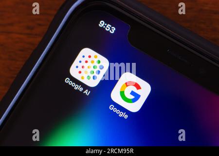 Vancouver, CANADA - Jun 29 2023 : Image of Google AI and Google icons seen in an iPhone. Google AI is a division of Google dedicated to AI technology Stock Photo