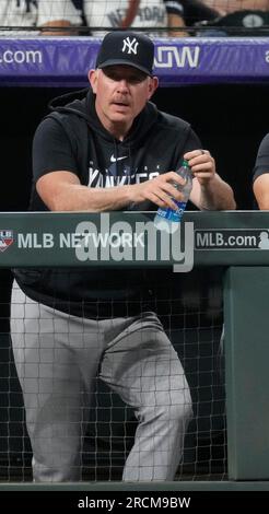 New York Yankees hitting coach Sean Casey watches players warm up for a  baseball game against the Colorado Rockies on Friday, July 14, 2023, in  Denver. (AP Photo/David Zalubowski Stock Photo - Alamy