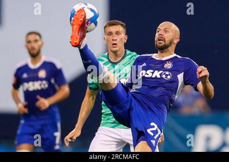 Zagreb, Croatia. 15th July, 2023. Luka Ivanusec of Dinamo Zagreb leaves the  pitch with an injury during the Supersport Supercup match between GNK Dinamo  Zagreb and HNK Hajduk Split at Maksimir stadium