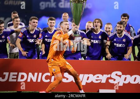 Zagreb, Croatia. 15th July, 2023. Luka Ivanusec of Dinamo Zagreb leaves the  pitch with an injury during the Supersport Supercup match between GNK Dinamo  Zagreb and HNK Hajduk Split at Maksimir stadium