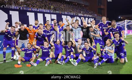 Zagreb, Croatia. 15th July, 2023. Fran Topic of Dinamo Zagreb and Zvonimir  Sarlija of Hajduk Split competes for the ball during the Supersport  Supercup match between GNK Dinamo Zagreb and HNK Hajduk