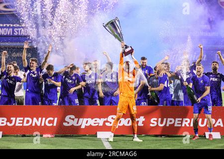 Zagreb, Croatia. 15th July, 2023. Fran Topic of Dinamo Zagreb and Zvonimir  Sarlija of Hajduk Split competes for the ball during the Supersport  Supercup match between GNK Dinamo Zagreb and HNK Hajduk