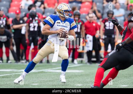 Ottawa, Canada. 15th July, 2023. Winnipeg Blue Bombers quarterback Zach Collaros (8) sets to throw a pass during the CFL game between Winnipeg Blue Bombers and Ottawa Redblacks held at TD Place Stadium in Ottawa, Canada. Daniel Lea/CSM (Credit Image: © Daniel Lea/Cal Sport Media). Credit: csm/Alamy Live News Stock Photo