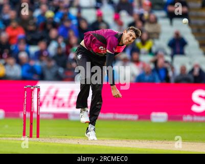 Edgbaston, Birmingham, UK. 15th July 2023; Edgbaston, Birmingham, England: Vitality Blast T20 League Cricket Final, Somerset versus Essex: Craig Overton of Somerset Credit: Action Plus Sports Images/Alamy Live News Stock Photo