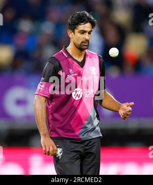 Edgbaston, Birmingham, UK. 15th July 2023; Edgbaston, Birmingham, England: Vitality Blast T20 League Cricket Final, Somerset versus Essex: Ish Sodhi of Somerset Credit: Action Plus Sports Images/Alamy Live News Stock Photo