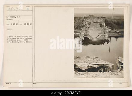 Lt. Lentz, an American photographer, took this photo on November 11, 1918 during World War I. The image shows a destroyed bridge in Mousay, Meuse, France, demonstrating the tactics employed by the Germans during their retreat from the River Meuse. This image serves as an example of the damage caused by retreat tactics. Stock Photo