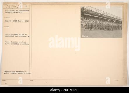 Police Reserve Aviation Cadets march in review during the Police Reserve Review at Sheepshead Bay Speedway, New York on July 4, 1918. This photograph was taken by the S.C. School of Photography, Columbia University on August 21, 1918. It was censored and released by M.I.B. censor on September 9, 1918. Stock Photo