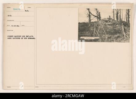 French machine gun emplacement now under German control during World War One. Photo taken by Photographer 59676 on May 12, 1919. The machine gun is identified as a Model E₂U₂. The precise location and additional markings appear to be illegible. Stock Photo