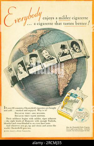 Chesterfield cigarettes, Liggett & Myers Tobacco Company, advert in a magazine 1932. Everybody enjoys a milder cigarette Stock Photo