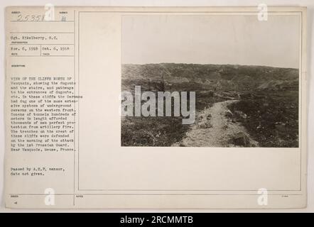 View of the cliffs north of Vauquois, showcasing the elaborate system of dugouts and pathways used by German soldiers during World War One. These extensive underground caverns provided protection from artillery fire. The 1st Prussian Guard defended the trenches on the crest of the cliffs. Near Vauquois, Meuse, France. Photograph passed by A.E.F. censor, date unknown. Stock Photo