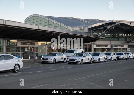 Prague, CZ - 22 October 2021: Taxi cabs lining up at Prague Airport. waiting for passengers at Terminal 1. Editorial Stock Photo