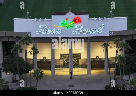 A general overall aerial view of the Rose Bowl facade, Friday, July 14, 2023, in Pasadena, Calif. Stock Photo