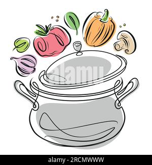 Food cooking ingredients in kitchen pot. Fresh vegetables and saucepan with lid. Vector illustration Stock Vector