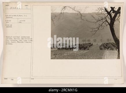 The image shows the regular Saturday inspection of the 12th Machine Gun Battalion of the 4th Division, 4th Army Corps, in Sehl, Mosel, Rhenish Prussia, Germany. The photograph was taken on April 8th, 1919. Soldier H, identified as E. Mace, is featured in the picture. The image was issued on February 1st, 1919, assigned the DM 2-1-19. Stock Photo