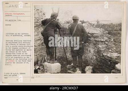 American Artillery Observers on Montfaucon Hill watching the effects of battery fire upon a nearby woods. Montfaucon in the Argonne northwest of Verdun was captured by American troops in the first twenty-four hours of the Argonne push. Stock Photo