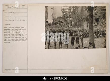 Caption: Members of the 77th Division Concert Band, including CPL.K.POLK, entertain Maj. Gen. Alexander and Col. J.R.R. Hannay in the ancient ruins of Chateau Fere in France during World War I. The 77th Division was comprised of soldiers from the metropolitan area of New York at Camp Upton, Yap Hank, L.I. Stock Photo