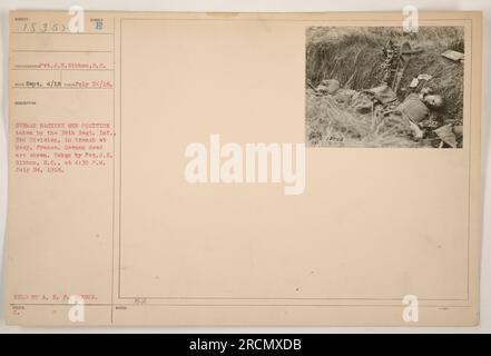 Caption: 'German machine gun position captured by the 38th Regiment of Infantry, 3rd Division, during World War I in Mesy, France. The photograph, taken by Pvt. J.E. Gibbon on July 24, 1918, at 4:30 PM, shows the remains of German soldiers in the trench. This image is part of the collection held by the A.E.F. Censor and issued under number 18352.' Stock Photo