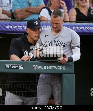 Injured New York Yankees outfielder Aaron Judge spits a seed as he watches  from the dugout during the fourth inning of a baseball game against the  Seattle Mariners, Saturday, Sept. 8, 2018