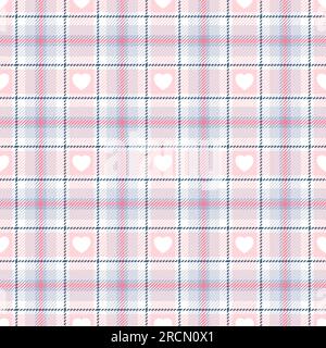Heart seamless pattern. Repeating plaid tartan pink color. Check design for prints. Repeated scottish flannel. Madras fabric. Modern wool lattice Stock Vector