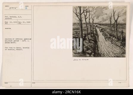 Private Berhens of the S.C. (unidentified military branch) is depicted in this photo taken on February 10, 1919. The image shows a drawing created by official American military artist Captain J. Andre Smith. The scene depicts the road to Essey in the Meurthe et Moselle region of France. Known by the code number 57058. Stock Photo