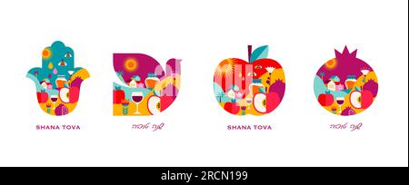 Rosh Hashanah, Jewish New Year holiday symbols, objects and illustrations. Apple, Pomegranate, Hamsa and Dove, filled with traditional icons and Stock Vector