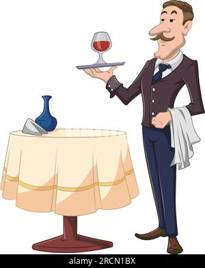 cartoon vector of a waiter holding wine at a fancy linen table Stock Vector