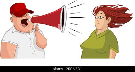 fat guy yelling at woman holding a megaphone Stock Vector