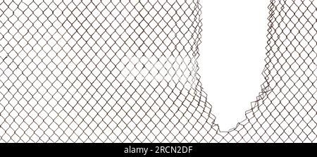 Torn rusty chain link fence texture background, horizontal isolated broken old aged weathered rusted iron, perimeter security hole concept metaphor Stock Photo