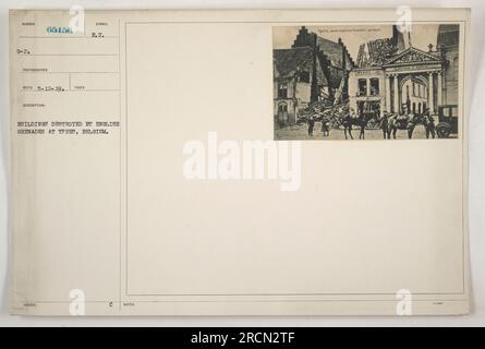 Buildings in Ypres, Belgium, destroyed by English grenades during World War One. This photograph is part of the collection cataloged under number G-2, taken by photographer 65156 and received on May 12, 1919. The description of the image was issued with the symbol E.U. Notes indicate that the destruction in Ypres was caused by English grenades. Stock Photo