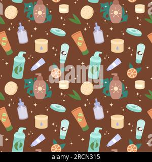 Skincare pattern. Skin care products seamless background. Organic cosmetics concept. Moisturizer, serum, cream objects. Vector illustration Stock Vector