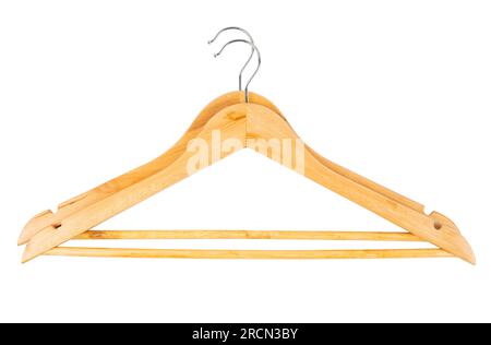 Wooden coat hanger isolated against bright white background. Save clipping path. Stock Photo