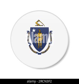 Massachusetts flag circle button icon, US state round badge with shadow. 3D realistic vector illustration isolated on white. Stock Vector