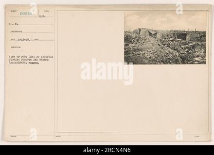 Aerial photograph of Fort Leni at Vauguois, France showing dugouts and trench passageways. The photograph is numbered G-2. 59518 and was taken by a photographer named Reco on May 12, 1919. The description was issued by the SYMB E.U. No additional notes are provided. Stock Photo