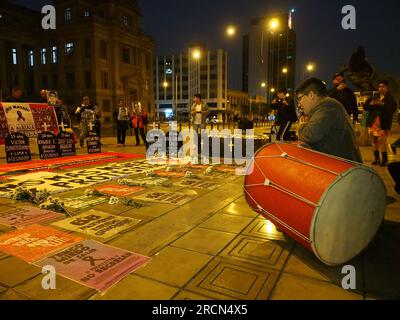 Lima, Peru. 15th July, 2023. Dozens gather to protest in front of the judiciary in a vigil as a prelude to the great national march called for next July 19th against President Dina Boluarte and the Congress.In previous riots, between December and March of this year, there were more than 50 deaths due to the use of excessive force by the police to control the protesters. Credit: Fotoholica Press Agency/Alamy Live News Stock Photo