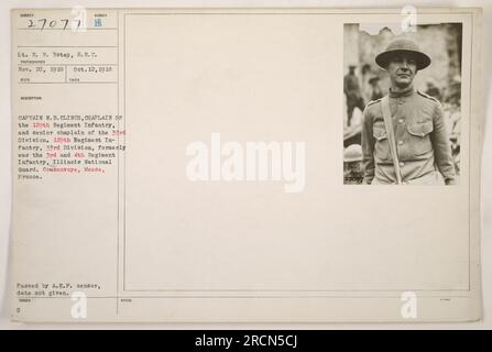 The image shows Captain N. B. Clinch, chaplain of the 129th Regiment Infantry and senior chaplain of the 33rd Division during World War One. The 129th Regiment Infantry, which was formerly the 3rd and 4th Regiment Infantry of the Illinois National Guard, was stationed in Cousenvoye, Meuse, France. The photo was taken by Lt. E. R. Estep of the Signal Corps in October 12, 1918 and verified by the A.E.P. censor. Stock Photo