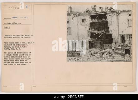 'Caption: 'The House with a Shell Hole,' a sketch by Capt. J. Andre Smith, Eng. R.C., depicts the devastating impact of a single shell during WWI. The entire front wall of this house in Badonviller, France, has been ripped out, showcasing the immense destructive power of artillery.' Stock Photo