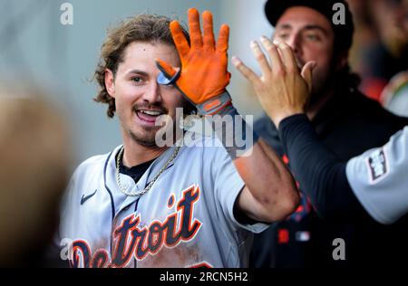 Detroit Tigers' Zach McKinstry celebrates his home run as he rounds second  base against the San Diego Padres in the sixth inning of a baseball game,  Friday, July 21, 2023, in Detroit. (