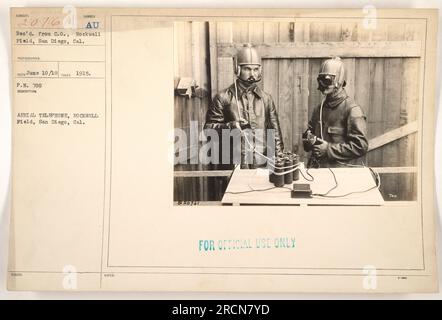 Aerial telephone at Rockwell Field in San Diego, California. The photo was taken in 1915. The image is labeled as subject 20761 and was received from the commanding officer of Rockwell Field. The photograph was taken by photographer Sumber Reco on June 10, 1918 and is labeled as photo number 700. It is marked as official use only. Stock Photo