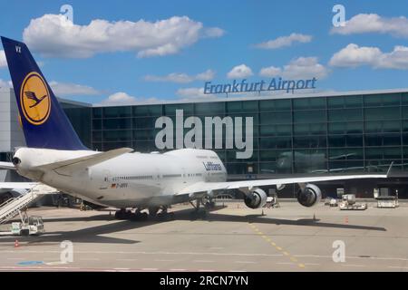 Lufthansa 747-800 at gate at Frankfurt airport in Germany Stock Photo ...