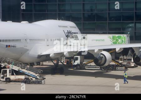 Lufthansa 747-800 at gate at Frankfurt airport in Germany Stock Photo ...